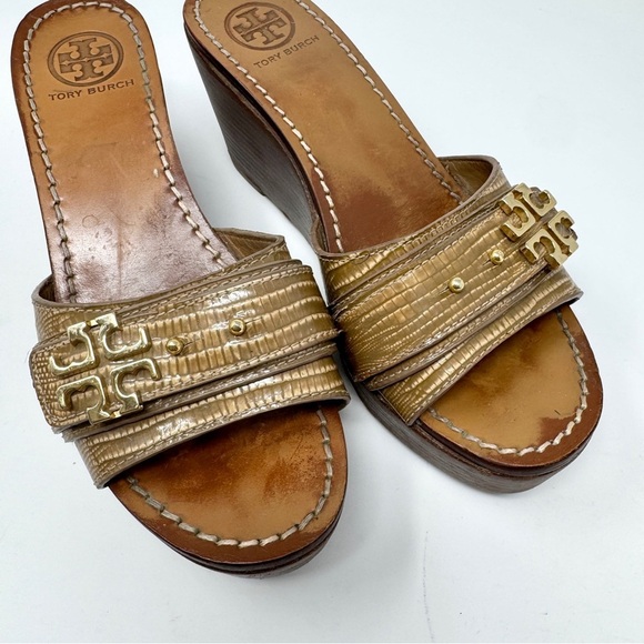 Tory Burch Elina Platform Tan Wedge Sandals - Picture 3 of 11